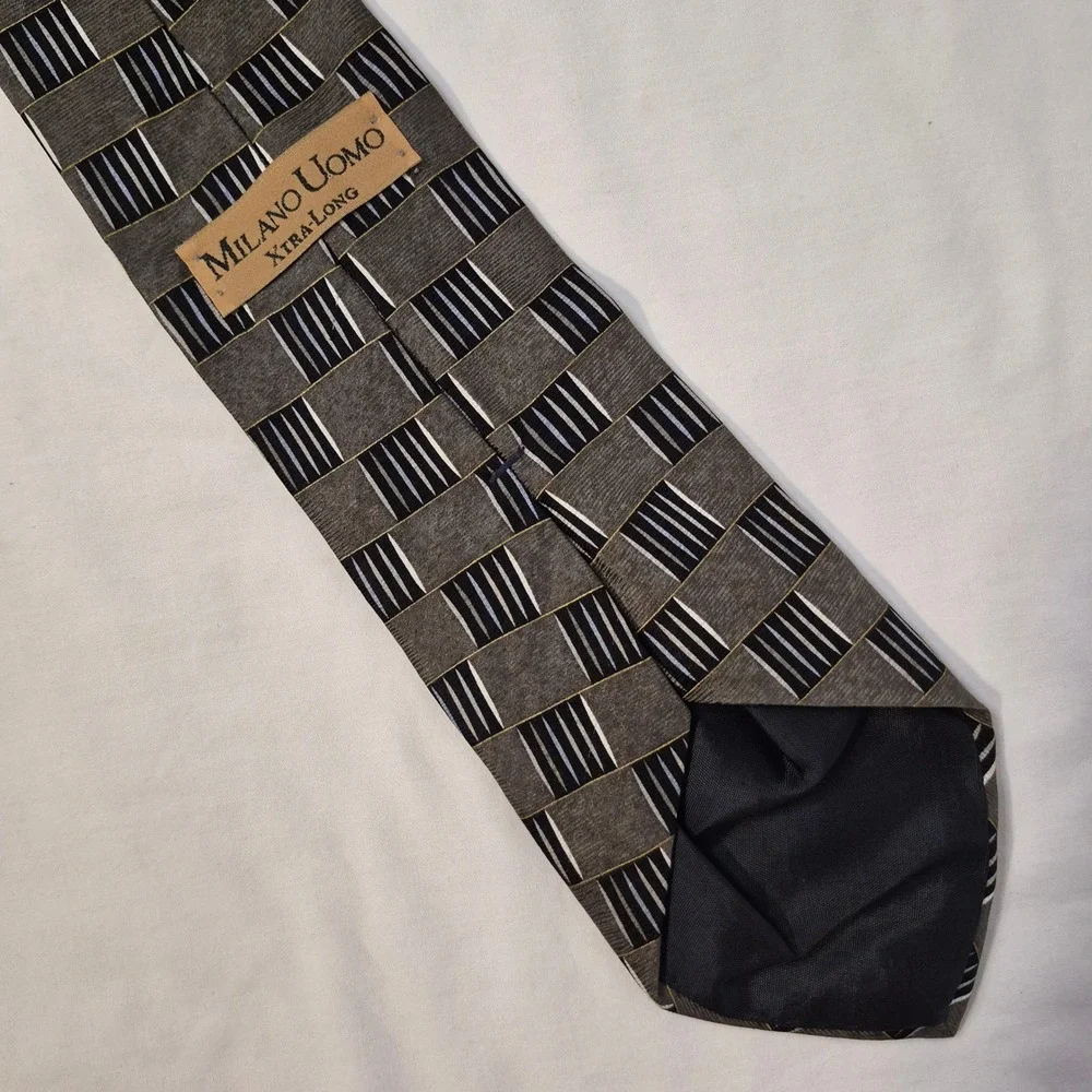 Milano Uomo Tie Mens Xtra-Long‎ Grey Black Geometric Silk Block Pattern USA
